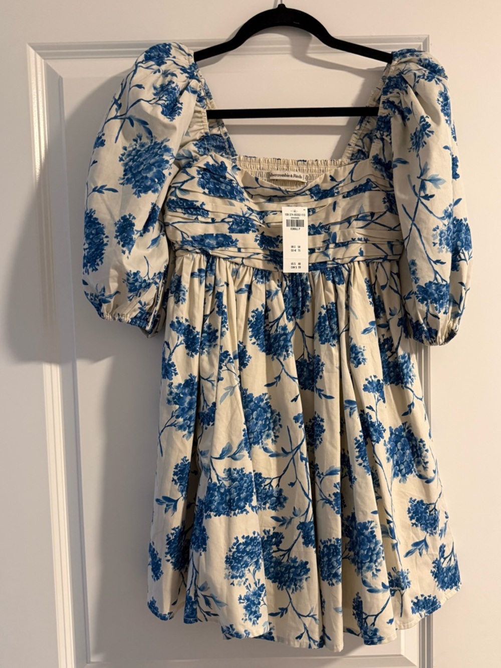 Ivory Floral Puff-Sleeve Mini Dress with Blue Botanical Print